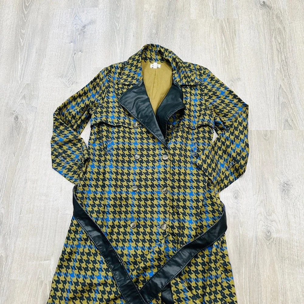 The Drop signedblake Houndstooth Trench Coat Olive Blue Faux Leather Trim M - Picture 4 of 16